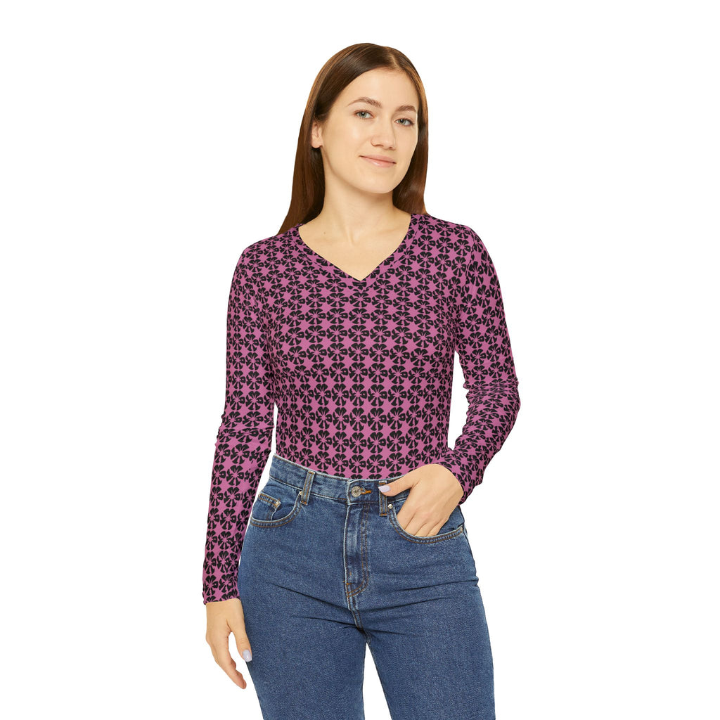 Light Pink Geometric KMA11 V-Neck Long Sleeve Shirt