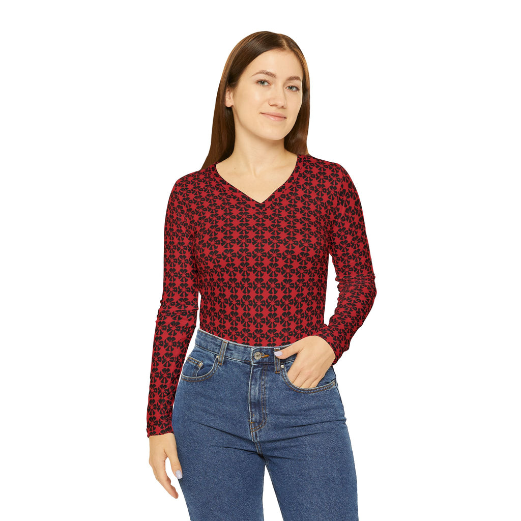 Dark Red Geometric KMA11 V-Neck Long Sleeve Shirt