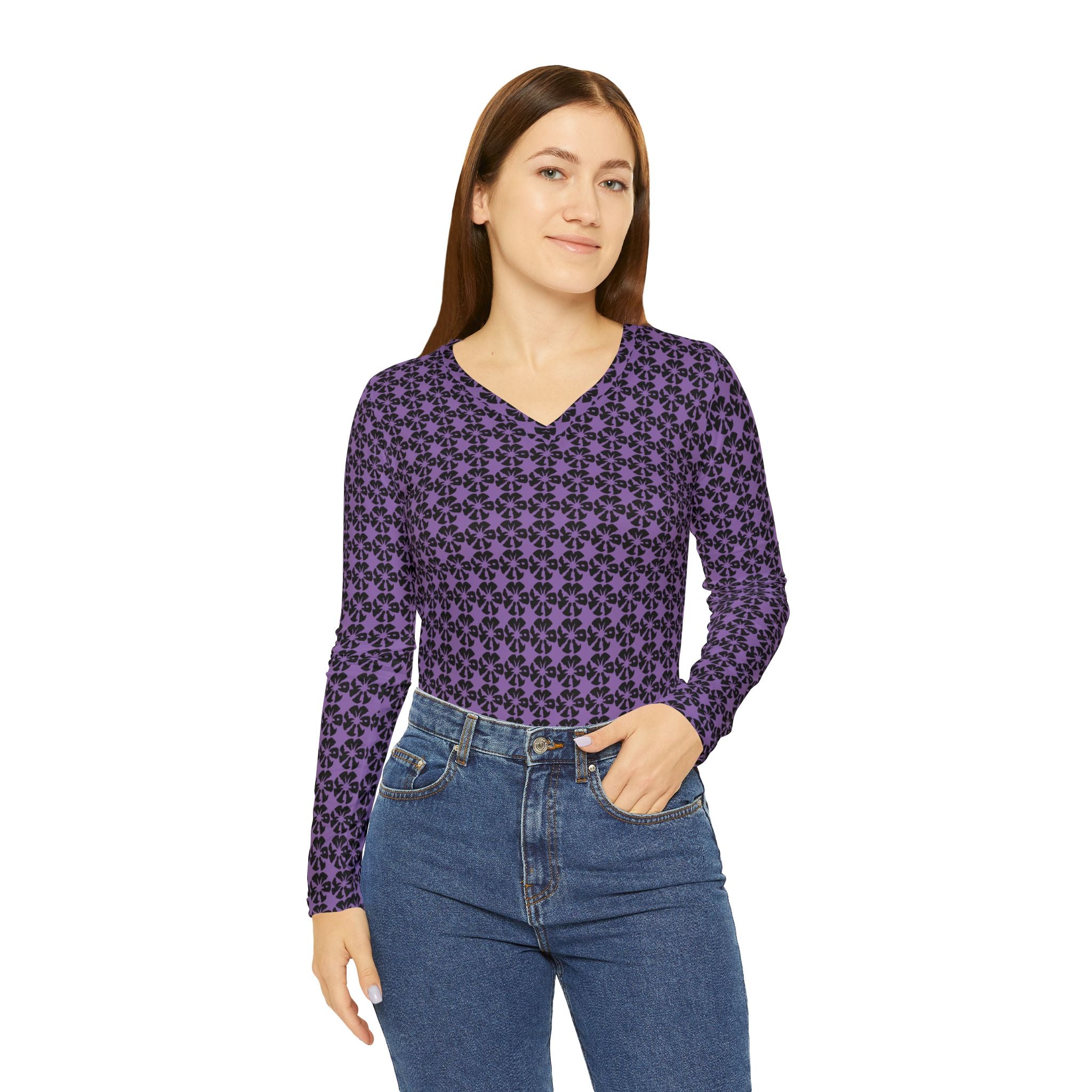 Light Purple Geometric KMA11 V-Neck Long Sleeve Shirt