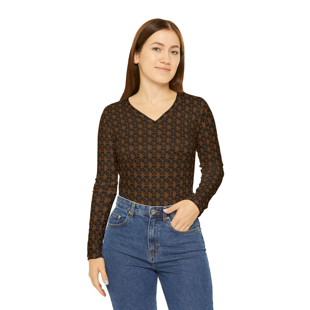 Brown Geometric KMA11 V-Neck Long Sleeve Shirt