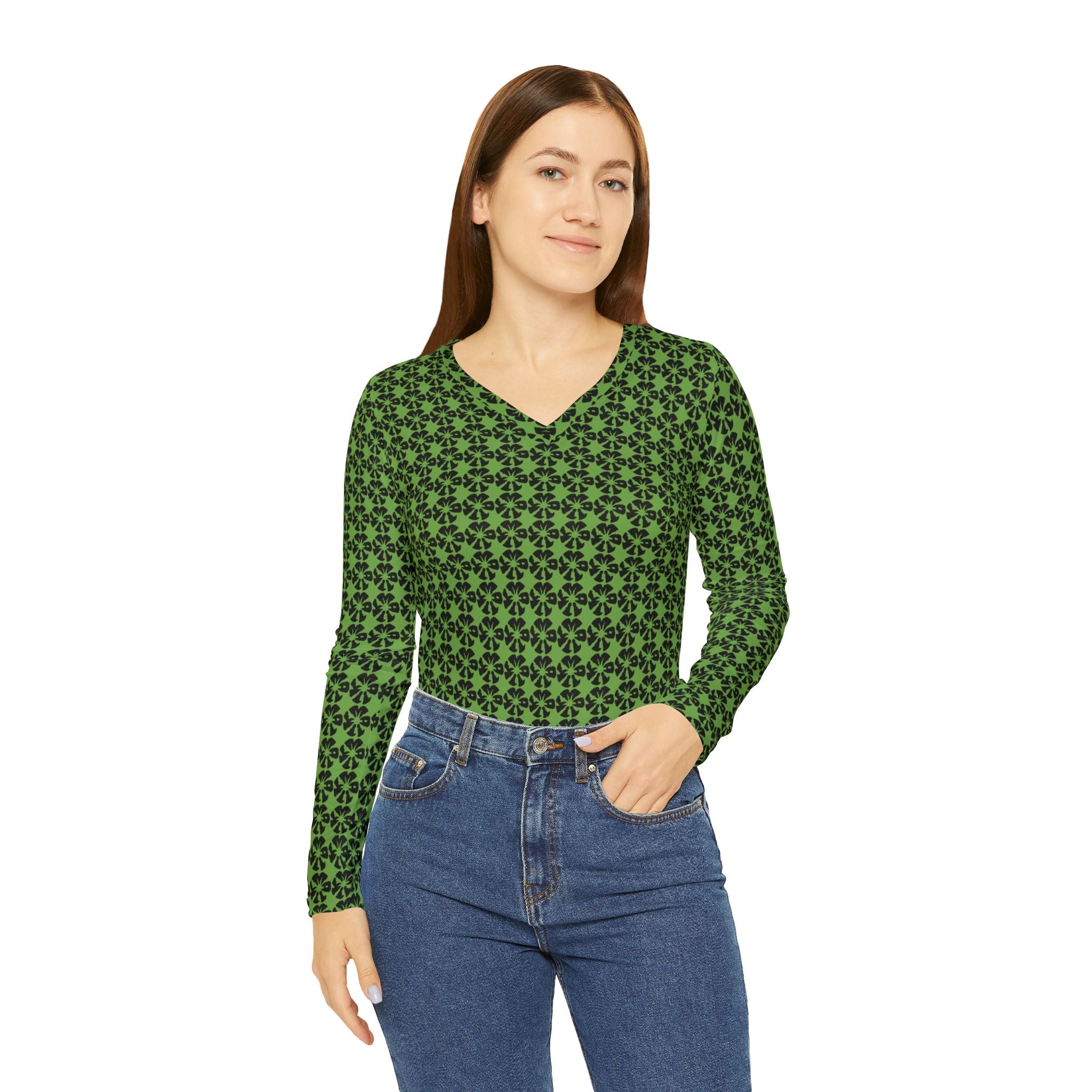 Light Green Geometric KMA11 V-Neck Long Sleeve Shirt