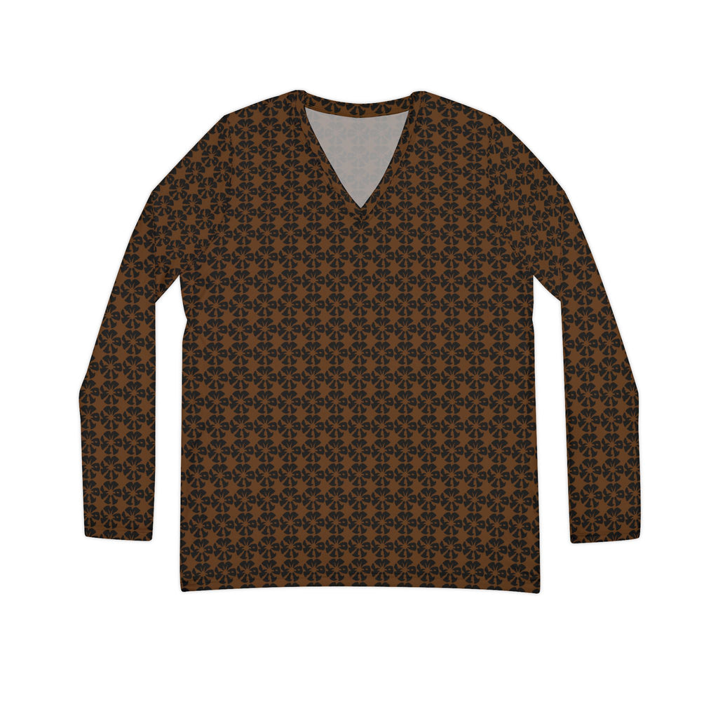 Brown Geometric KMA11 V-Neck Long Sleeve Shirt
