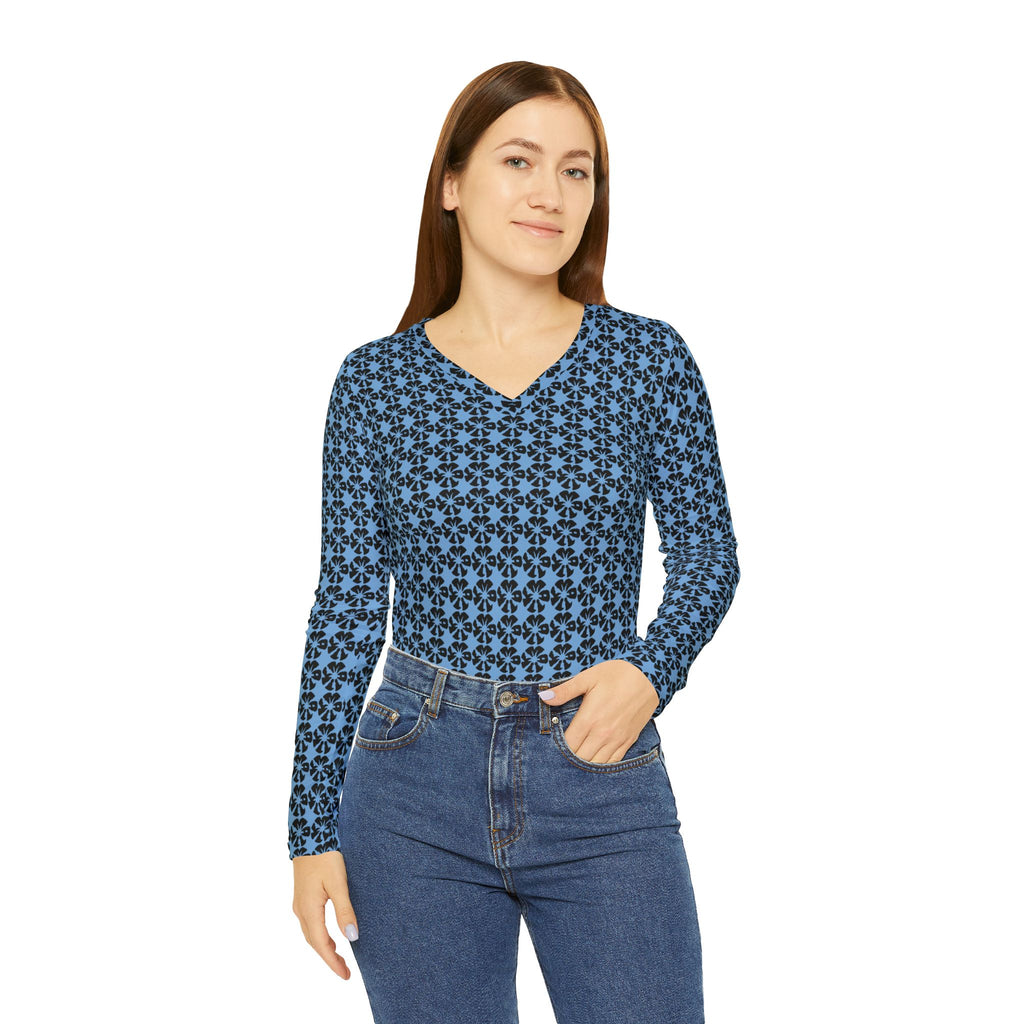Light Blue Geometric KMA11 V-Neck Long Sleeve Shirt