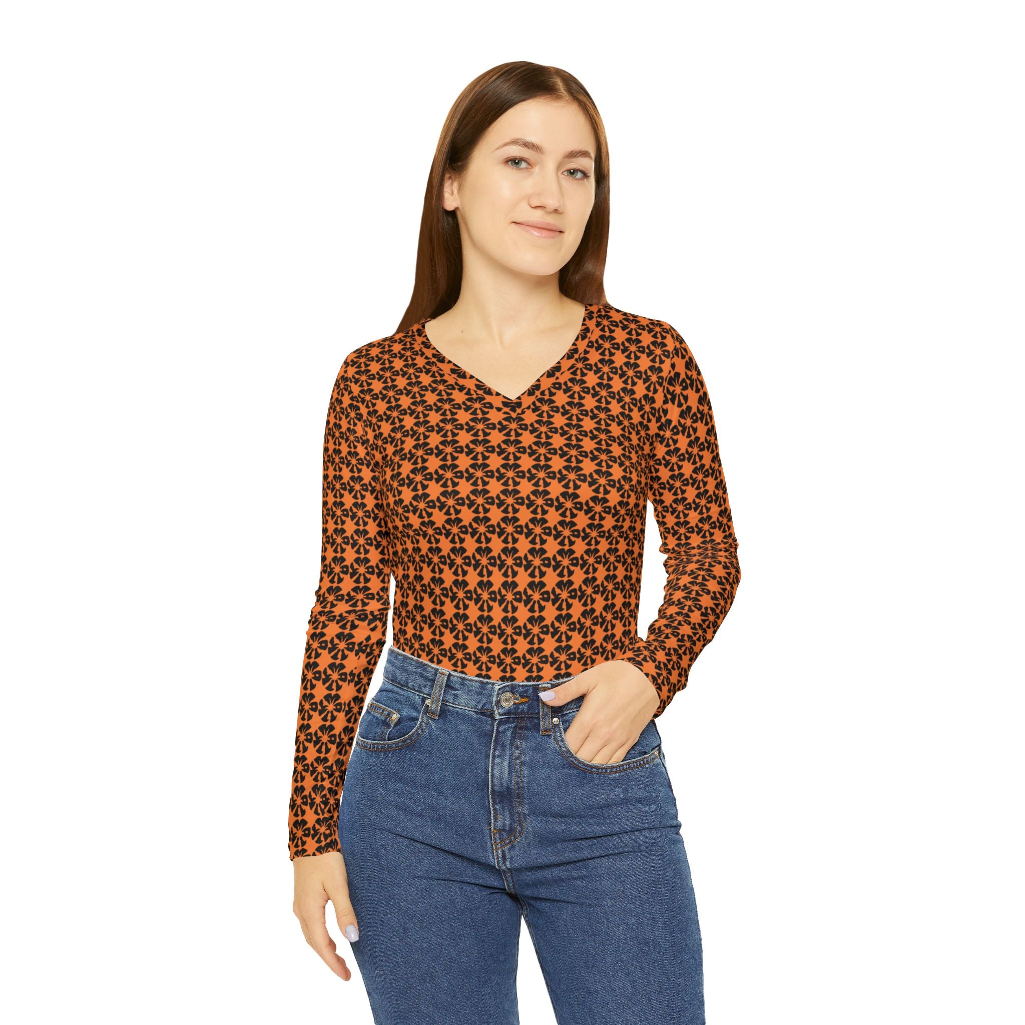 Light Orange Geometric KMA11 V-Neck Long Sleeve Shirt