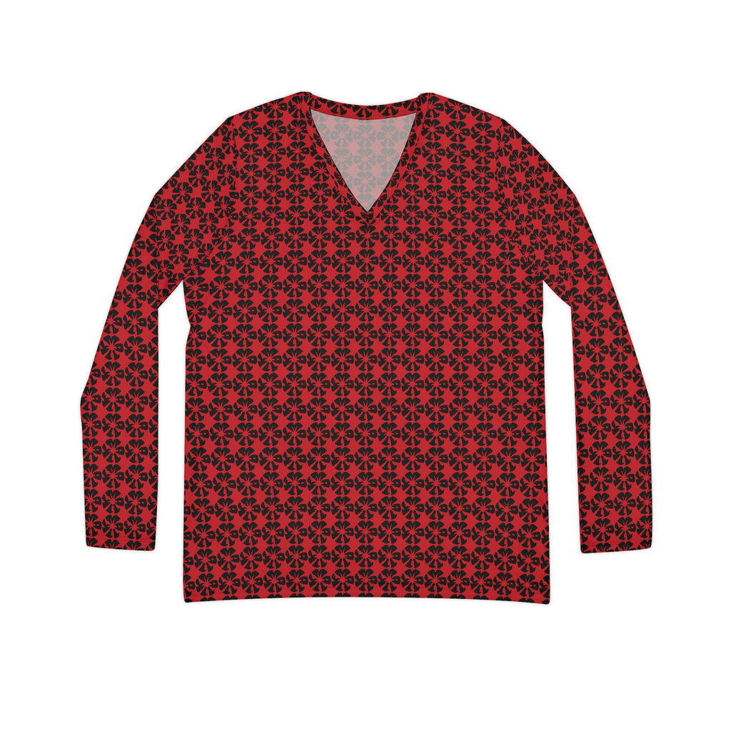 Dark Red Geometric KMA11 V-Neck Long Sleeve Shirt
