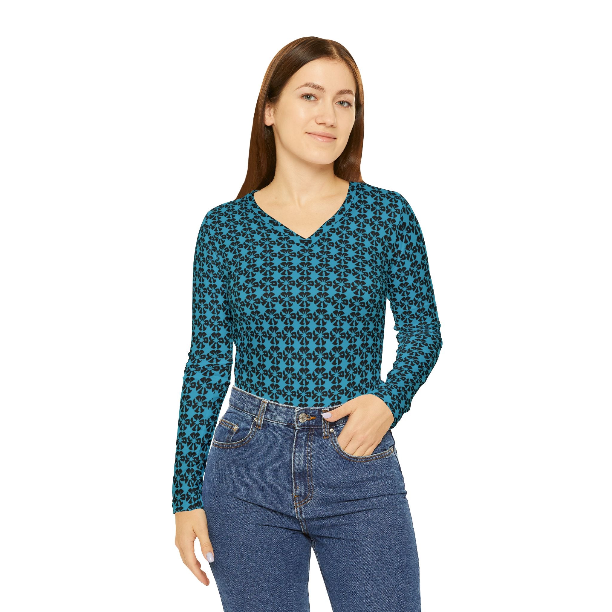 Turquoise Geometric KMA11 V-Neck Long Sleeve Shirt